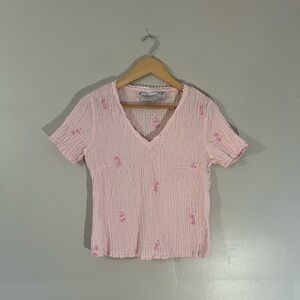 Y2k Fashion Bug Pink Floral Embroidered Scrunch Smock V-Neck Short Sleeve Top